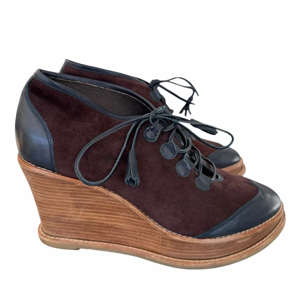 Comptoir des Cotonniers Navy Leather Brown Suede Fringe Lace Up Ankle Boots